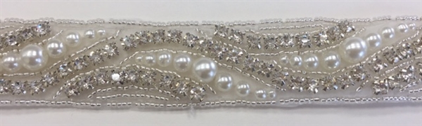 RHS-TRM-1400-SILVER.  CRYSTAL RHINESTONE TRIM WITH WHITE BEADS- SILVER - 1 INCH WIDE