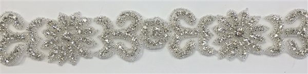 RHS-TRM-1409-SILVER.  CRYSTAL RHINESTONE TRIM - 2 INCHES WIDE - REPEAT LENGTH 5.5