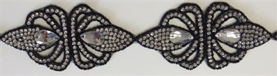 RHS-TRM-1493-BLACK.  CRYSTAL RHINESTONE TRIM WITH BLACK BEADS- 3 INCHES WIDE - REPEAT LENGTH 6 INCHES