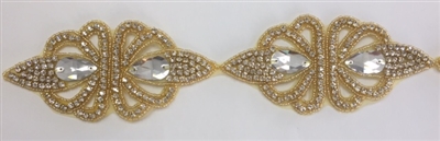 RHS-TRM-1493-GOLD. CLEAR CRYSTAL RHINESTONE TRIM WITH GOLD BEADS- 3 INCHES WIDE - REPEAT LENGTH 6 INCHES