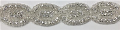 RHS-TRM-1499-SILVER.  CRYSTAL RHINESTONE TRIM - 1.25 INCHES WIDE - REPEAT LENGTH 1.75 INCHES