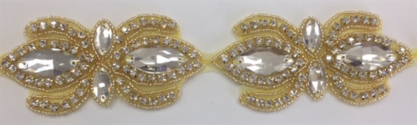 RHS-TRM-1504-GOLD. CLEAR CRYSTAL RHINESTONE TRIM, WITH GOLD BEADS - 2 INCHES WIDE - REPEAT LENGTH 4 INCHES