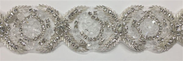 RHS-TRM-1541-SILVER.  CRYSTAL RHINESTONE TRIM - 2 INCHES WIDE - REPEAT LENGTH 3 INCHES