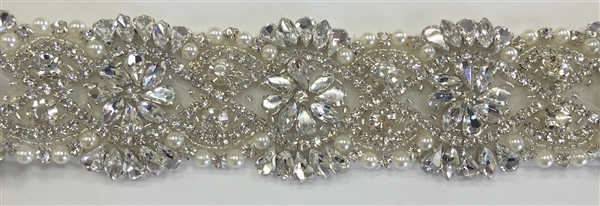 RHS-TRM-1550-SILVER. Hot-Fix or Sew-On Clear Crystal Rhinestone Trim WITH Pearls- 2 Inch Wide