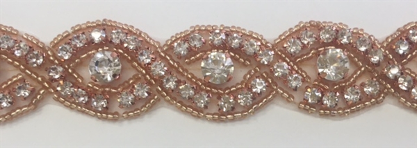 RHS-TRM-1570-ROSEGOLD.  CLEAR  CRYSTAL RHINESTONE TRIM WITH ROSEGOLD BEADS - 1 INCH WIDE