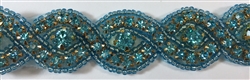 RHS-TRM-1570-TURQUOISE.  TURQUOISE CRYSTAL RHINESTONE TRIM WITH TURQUOISE BEADS - 1 INCH WIDE