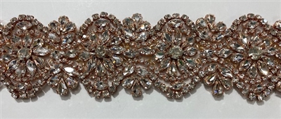 RHS-TRM-1708-ROSEGOLD. CLEAR CRYSTALS ON ROSEGOLD CUPS - HOT-FIX TRIM FOR BRIDAL BELT, SASH, PARTY GOWNS, AND COSTUMES