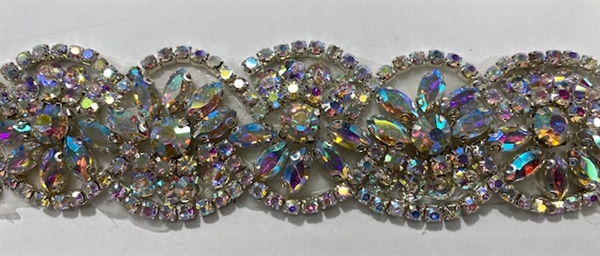 RHS-TRM-1800-AB.   AB CRYSTALS ON SILVER PLATE - HOT-FIX TRIM FOR BRIDAL BELT, SASH, PARTY GOWNS, AND COSTUMES - 1.5 INCH WIDE - SOLD  BY THE YARD