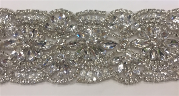 RHS-TRM-1801-SILVER.  HIGH QUALITY CRYSTAL TRIM - HOT FIX AND SEW-ON - 2.25 INCH