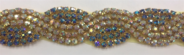 RHS-TRM-1802-ABBLUE.  Hot-Fix, Sew-On Rhinestone Trim - Blue and AB Rhinestones - 1 Inch Wide