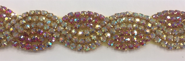 RHS-TRM-1802-ABPINK.  Hot-Fix, Sew-On Rhinestone Trim - Pink and AB Rhinestones - 1 Inch Wide