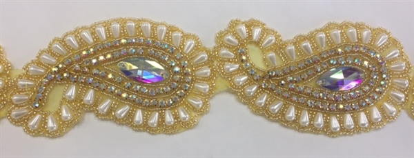 RHS-TRM-1803-OFFWHITEGOLD.  Hot-Fix, Sew-On Rhinestone Trim - Off-White Pearls, AB Rhinestones, Gold Beads - 2.75 Inch Wide - 7 Pieces in a Yard