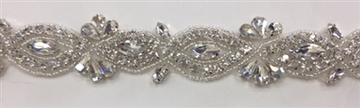 RHS-TRM-1805-SILVER.  Hot-Fix, Sew-On Rhinestone Trim - Clear Crystal Rhinestones with Silver Beads - 1.5 Inch Wide
