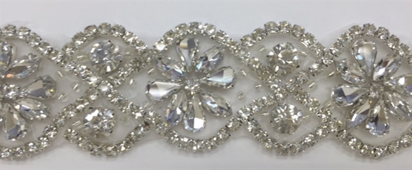 RHS-TRM-T016-SILVER.  Hot-Fix or Sew-On Clear Crystal Rhinestone Trim - 1.25 Inch Wide