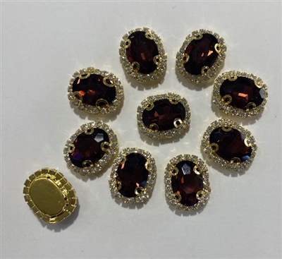 SEWON-ELLIPSE-10x14-WINEGOLD.  Sew on Ellipse Red Wine Glass Crystal Shape Rhinestones With Gold Claw-Catcher Made of Brass - 10X14 mm - 10 Pieces