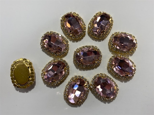 SEWON-ELLIPSE-13x18-PINKGOLD.  Sew on Ellipse Pink Glass Crystal Shape Rhinestones With Gold Claw-Catcher Made of Brass - 13X18 mm - 10 Pieces