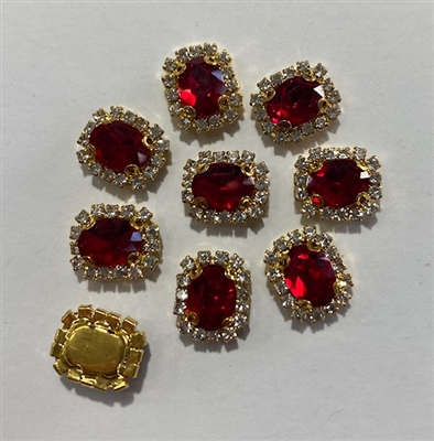 SEWON-ELLIPSE-6x8-REDGOLD.  Sew on Ellipse Red Glass Crystal Shape Rhinestones With Gold Claw-Catcher Made of Brass - 6X8 mm - 10 Pieces