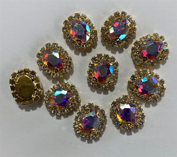 SEWON-ELLIPSE-8x10-ABGOLD.  Sew on Ellipse AB Glass Crystal Shape Rhinestones With Gold Claw-Catcher Made of Brass - 8X10 mm - 10 Pieces