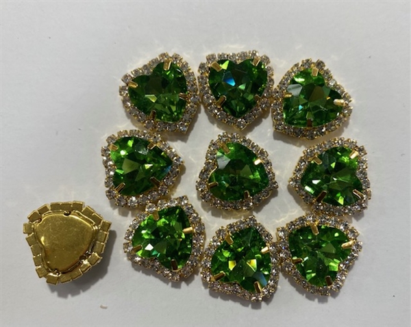 SEWON-HEART-12X12-GREENGOLD. Sew on Heart Green Glass Crystal Shape Rhinestones With Gold Claw-Catcher Made of Brass - 12X12 mm - 10 Pieces