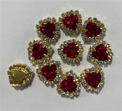 SEWON-HEART-8X8-REDGOLD.  Sew on Heart Red Glass Crystal Shape Rhinestones With Gold Claw-Catcher Made of Brass - 8X8 mm - 10 Pieces