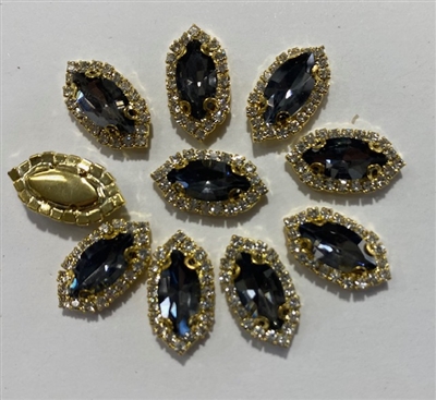 SEWON-OVAL-6X12-GREYGOLD.  Sew on Oval Grey Glass Crystal Shape Rhinestones With Gold Claw-Catcher Made of Brass - 6X12 mm - 10 Pieces