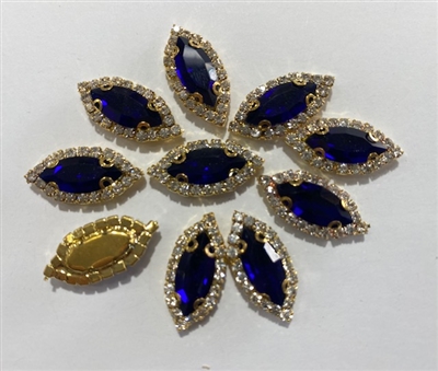 SEWON-OVAL-7X15-SAPPHIREGOLD.  Sew on Oval Sapphire Glass Crystal Shape Rhinestones With Gold Claw-Catcher Made of Brass - 7X15 mm - 10 Pieces