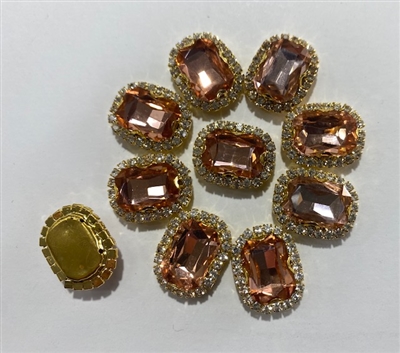 SEWON-RECTANGLE-10X14-PEACHGOL.  Sew on Rectangle Peach Glass Crystal Shape Rhinestones With Gold Claw-Catcher Made of Brass - 10X14 mm - 10 Pieces