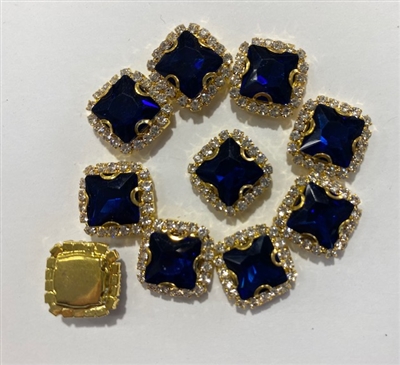SEWON-SQUARE-10X10-MONTANAGOLD.  Sew on Square Montana Glass Crystal Shape Rhinestones With Gold Claw-Catcher Made of Brass - 10X10 mm - 10 Pieces