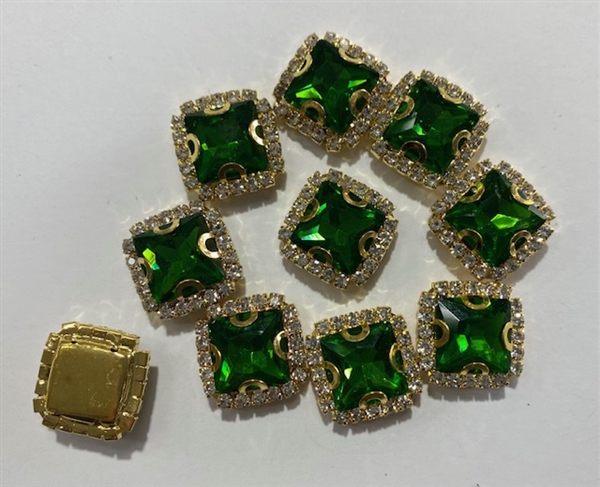 SEWON-SQUARE-12X12-GREENGOLD.  Sew on Square Green Glass Crystal Shape Rhinestones With Gold Claw-Catcher Made of Brass - 12X12 mm - 10 Pieces