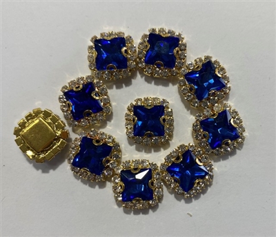 SEWON-SQUARE-8X8-LTSAPPHIREGOL.  Sew on Square Lt. Sapphire Glass Crystal Shape Rhinestones With Gold Claw-Catcher Made of Brass - 8X8 mm - 10 Pieces