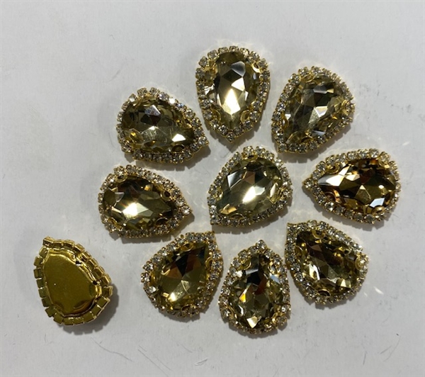 SEWON-TEARDROP-13x18-LTopazGOL.  Sew on Tear Drop  Light Topaz Glass Crystal Shape Rhinestones With Gold Claw-Catcher Made of Brass - 13X18 mm - 10 Pieces