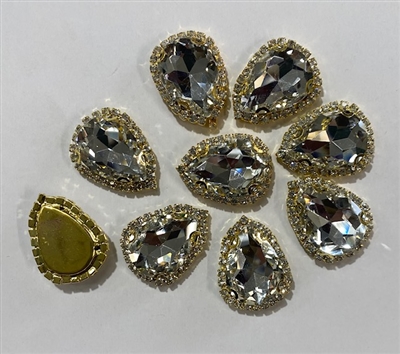 Sew on Tear Drop Clear Glass Crystal Shape Rhinestones With Gold Claw-Catcher Made of Brass - 18X25 mm - 10 Pieces