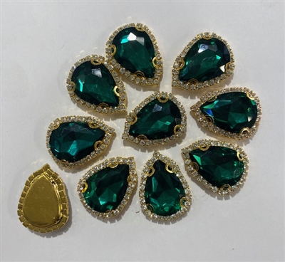 SEWON-TEARDROP-18x25-GREENGOLD.  Sew on Tear Drop Green Glass Crystal Shape Rhinestones With Gold Claw-Catcher Made of Brass - 18X25 mm - 10 Pieces
