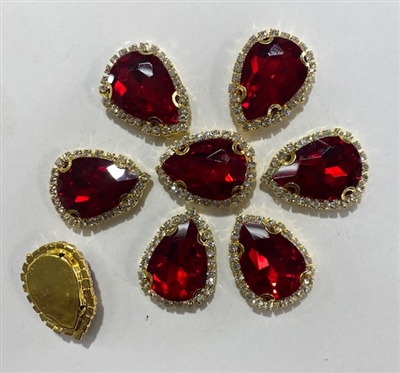 SEWON-TEARDROP-18x25-REDGOLD.  Sew on Tear Drop Red Glass Crystal Shape Rhinestones With Gold Claw-Catcher Made of Brass - 18X25 mm - 10 Pieces