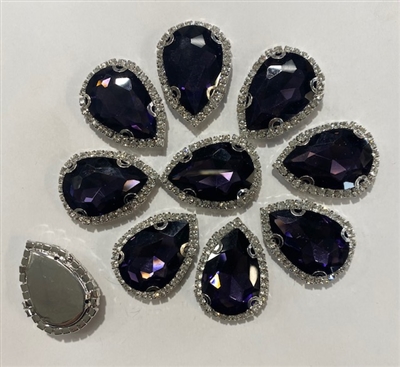 SEWON-TEARDROP-20X30-PURPLEGOLD.  Sew on Tear Drop Purple Glass Crystal Shape Rhinestones With Gold Claw-Catcher Made of Brass - 20X30 mm - 10 Pieces