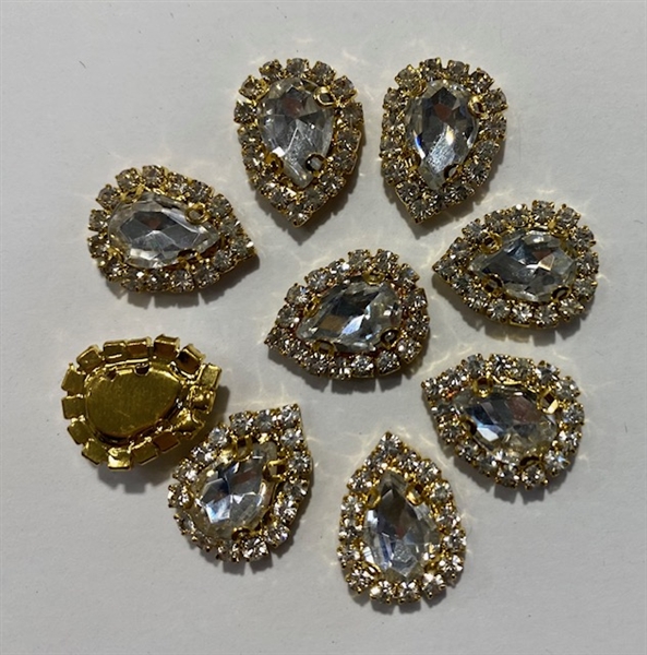 Sew on Tear Drop Clear Glass Crystal Shape Rhinestones With Gold Claw-Catcher Made of Brass - 7X10 mm - 10 Pieces