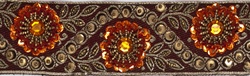 TRM-IND-128-Burgundy.  2"-wide Handmaid Indian Trim - Dark Burgundy Background with Dark Gold Thread, Beads, Sequins and Orange Sequins and Stones.  Same as Style #124 but with smaller flowers.