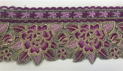 TRM-IND-201-FUCHSIAROSE. Indian Trim with Fuchsia and Rose Embroidery and Metallic Gold Borders