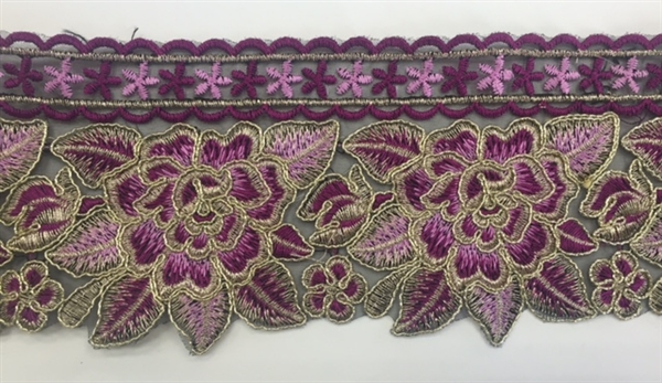 TRM-IND-201-FUCHSIAROSE. Indian Trim with Fuchsia and Rose Embroidery and Metallic Gold Borders