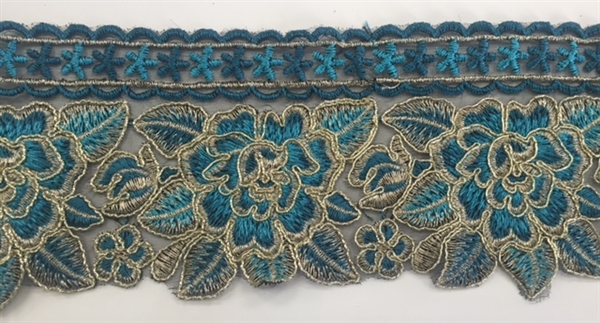 TRM-IND-201-TURQUOISE. Indian Trim with Turquoise Embroidery and Metallic Gold Borders