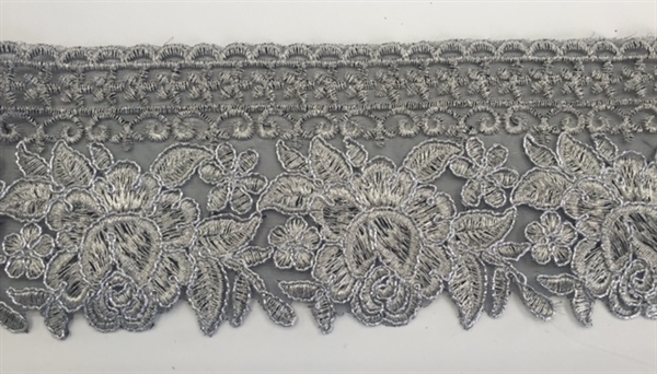 TRM-IND-202-GREY. Indian Trim with Grey Embroidery and Metallic Silver Borders